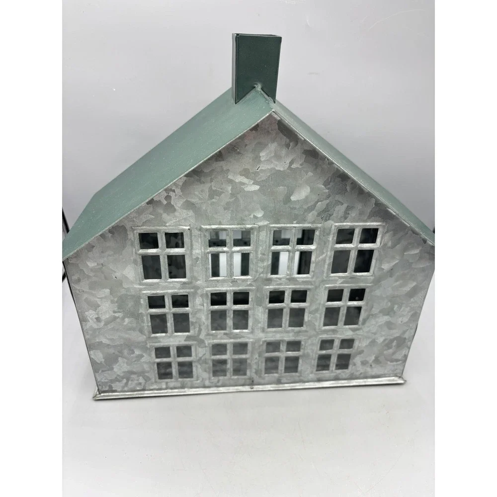 Galvanized Metal House Lantern Green Roof‎ Chimney Decorative Accent